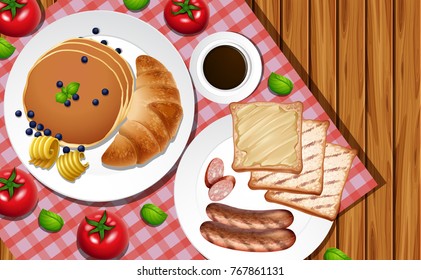 Breakfast set on wooden table illustration