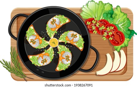 Desayuno instalado en la sartén con ilustración de tablero de corte