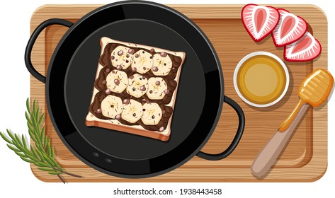 Breakfast set in the pan with cutting board illustration