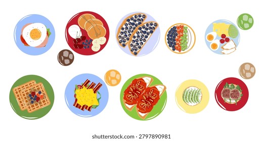breakfast set with pancake, tomato, coffee, blueberry, kiwi, bread, avocado, fried egg, bacon, waffle, banana, fig, cheese, strawberry, cherry and boiled eggs.