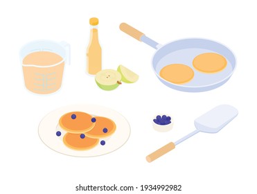 Desayuno con crepes. Isometric vectorial ilustración en diseño plano. 