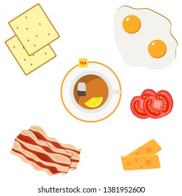 Breakfast, a set of products for breakfast. Fried eggs, bacon, cheese, toast, sliced tomatoes, tea. The concept of products for breakfast.