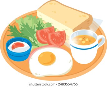 Juego de desayuno con sopa de ensalada y huevo de jamón