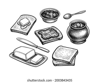 Breakfast set. Slices of toasted bread with butter nad jam. Ink sketch isolated on white background. Hand drawn vector illustration. Retro style.