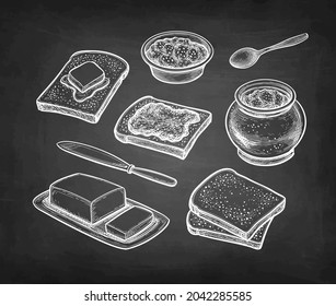 Breakfast set. Slices of toasted bread with butter nad jam. Chalk sketch on blackboard background. Hand drawn vector illustration. Vintage style stroke drawing.