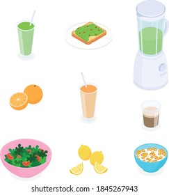 Breakfast set with smoothie. Isometric vector illustration in flat design.