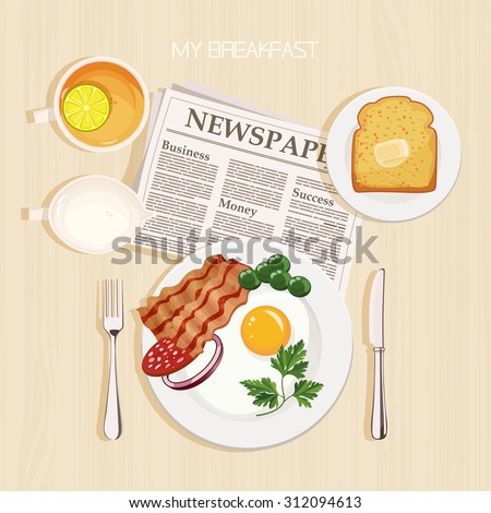 Breakfast set with tea, lemon, milk, bacon and eggs, parsley, toast, butter and newspaper. Top view. Mealtime.