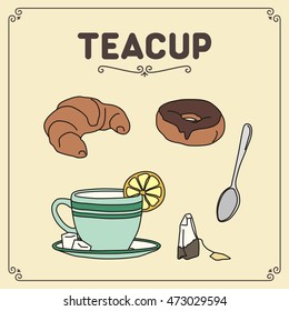 Breakfast set: teacup, spoon, sugar, tea bag, croissant and donut