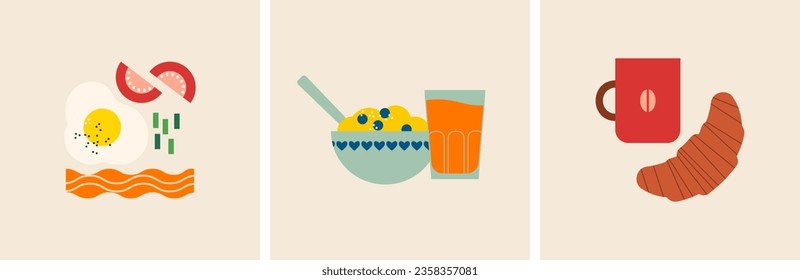 Breakfast. Set of three banners healthy food illustration. Fried egg, bacon, tomatoes. Bowl, cereal, juice. Coffee, croissant. Morning poster. Flat trendy abstract style. Still life. Isolated elements