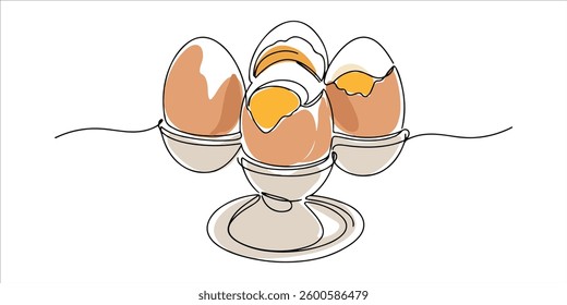 breakfast set of three soft boiled egg on a stand, continuous single one line minimalist continuous single-line hand drawn sketch featuring an abstract breakfast set with three soft-boiled eggs placed