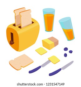 Breakfast set with toaster, bread, butter, berries, orange juice. Design elements for the cafe advertisement, poster, banner, menu. Vector isometric illustration isolated on white background.