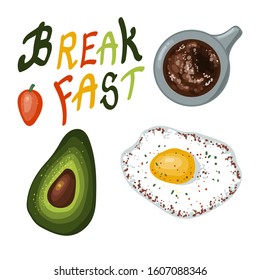 Breakfast set: tomato, coffee, fried eggs and avocado. Healthy food. Vector illustration on a white background.