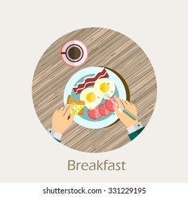 Breakfast set top view. Coffee, fried egg, bacon. Morning breakfast menu in flat style