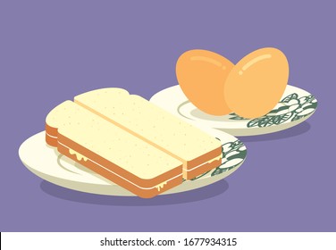 Desayuno. Huevos medio cocidos tradicionales y tostadas de mantequilla de kaya. Taza y plato de café al estilo Nanyang. Traducción: Confitura de coco - arte plano
