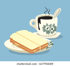 Desayuno. Cafetera tradicional de estilo oriental y tostada con mantequilla kaya. Vintage Nanyang estilo taza de café y plato. Traducción: Vector de arte plano de coco