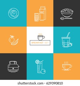 Breakfast - set of vector icons in modern linear style related to morning meal. Healthy food.