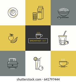 Breakfast - set of vector icons in modern linear style related to morning meal. Healthy food.