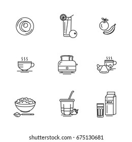 Breakfast - set of vector icons in modern linear related to morning meal. Healthy food.