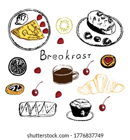 Breakfast set, vector illustration, coffee, crepe with berries, toast, croissant, muffin, pastry, fruit, lettering, hand drawing, colored