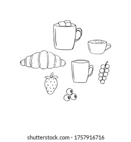 Breakfast set, vector illustration, croissant, berries, hot drinks, hand drawing