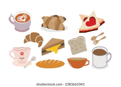 Breakfast set. Vector illustration in flat style. Coffee, tea, croissant, cake, cup of coffee.