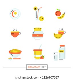 Breakfast - set of vector red yellow icons in flat style related to morning meal. Healthy lifestyle collection.
