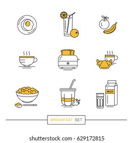 Breakfast - set of vector yellow black icons in linear flat style related to morning meal. Healthy food.