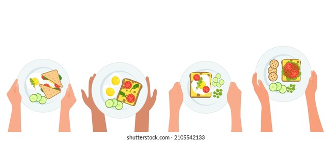 Frühstücksset.Hände, die Teller mit Eiern, Sandwich, Tomaten, Gurken, Arugula auf einem Teller zum Frühstück oder Mittagessen halten. Gesundes Essen. Vektorgrafik einzeln auf weißem Hintergrund