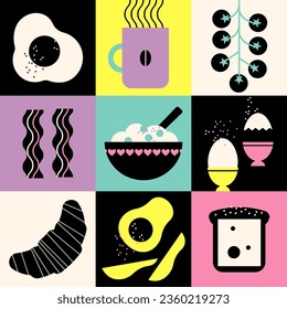 Desayuno. Sencillo, geométrico y moderno. Fondo de la comida para cubrir, afiche, animación. Café, croissant, huevo frito, bacon, sándwich, tazón, cereales, verduras, aguacate. Hipster gracioso, colores de neón.