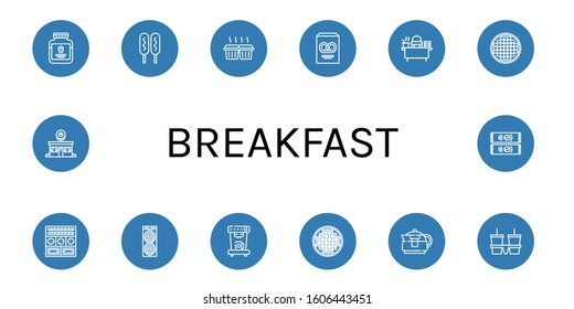 Breakfast Simple Icons Set. Contains Such Icons As Strawberry Jam, Corn Dog, Muffin, Pretzel, Buffet, Beans, Cookies, Donut, Coffee Machine, Can Be Used For Web, Mobile And Logo