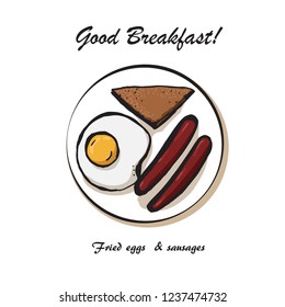 Breakfast sketch with Fried Egg and Sausage on izolated background