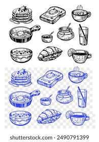 Boceto del desayuno, sándwich, huevos revueltos, gachas, café, conjunto de garabatos de comida dibujado a mano, Ilustración vectorial