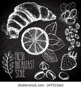 Breakfast sketched chalk illustration on dark board