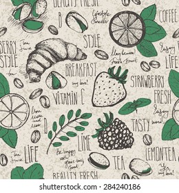 Breakfast sketched seamless pattern in retro colors