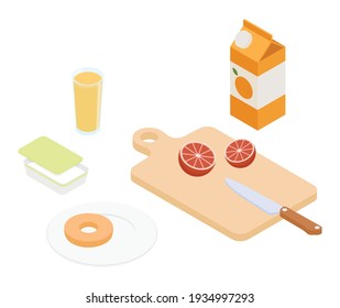 Desayuno, tentempiés. Isometric vectorial ilustración en diseño plano.