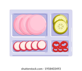 Breakfast snack with sausage and vegetable slice on plate