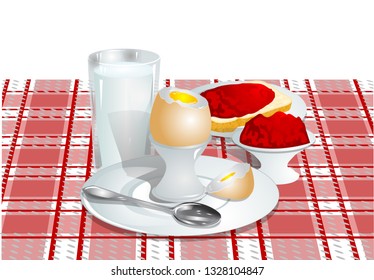 breakfast. soft-boiled egg, milk and a sandwich