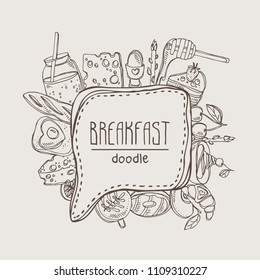 Breakfast speech bubble. Hand drawn vector doodles illustration.