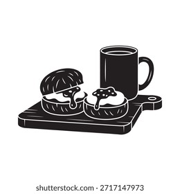 Desayuno con bagels y una bebida en una bandeja