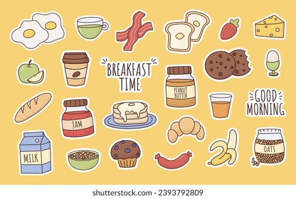 breakfast sticker set, cute cartoon style, food elements with white outline, doodle, eggs, peanut butter, cookies, coffee, bacon, banana, muffin, milk, oats, jam, strawberry, pancakes, tea, toast