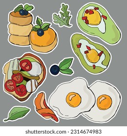 Breakfast sticker set. Fried eggs, toast, avocado, cheesecakes.