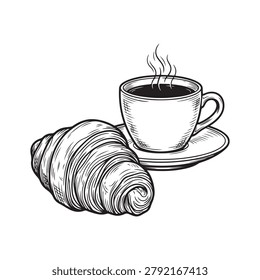 Breakfast still life with coffee cup and croissant