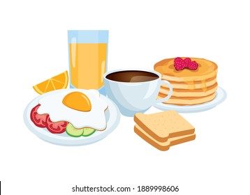 Breakfast still life with coffee, egg, pancakes, bread and orange juice vector. Rich and varied breakfast icon vector. Breakfast food icon set isolated on a white background vector illustration