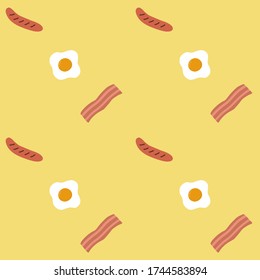 Breakfast  style seamless pattern. With fried egg/ sausage and bacon   on yellow background. Vector cartoon style illustration