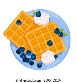 Breakfast sweet food, waffles on plate vector illustration. Cartoon isolated tasty baked Belgian waffles with blueberry and cream, top view of delicious morning meal and yummy crispy wafer dessert