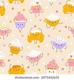 Breakfast sweets and coffee seamless pattern with funny mascot characters. Kawaii cartoon hand drawn doodle in colorful palette. Ideal for baby design, prints, packaging, textiles