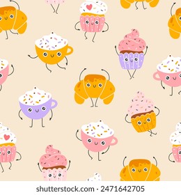 Breakfast sweets and coffee seamless pattern with funny mascot characters. Kawaii cartoon hand drawn doodle in colorful palette. Ideal for baby design, prints, packaging, textiles