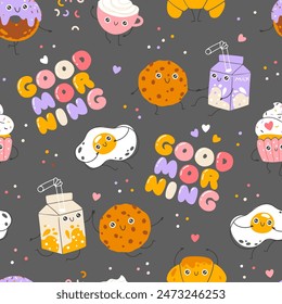 Breakfast sweets and coffee seamless pattern with funny mascot characters. Good morning. Kawaii cartoon hand drawn doodle in colorful palette. Ideal for baby design, prints, packaging, textiles