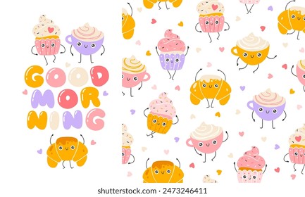 Breakfast sweets and coffee seamless pattern with funny mascot characters. Good morning. Kawaii cartoon hand drawn doodle in colorful palette. Ideal for baby design, prints, packaging, textiles