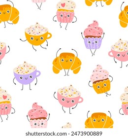 Breakfast sweets and coffee seamless pattern with funny mascot characters. Kawaii cartoon hand drawn doodle in colorful palette. Ideal for baby design, prints, packaging, textiles